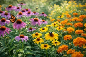 Blooming garden with butterfly and bee (Best Low Maintenance Plants for ADHD Gardeners)