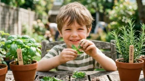 A close up of a kid interacting with fresh mint and basil plants in a sensory herb garden