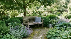 A quiet garden corner with a wooden bench surrounded by cool-toned, low-key foliage.