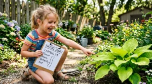 An energetic child holding a checklist during an outdoor garden treasure hunt activity