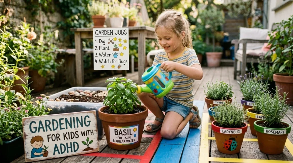 A young child using a small colorful watering can to water container plants on a sunlit outdoor patio