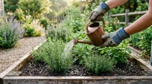 Gloved hands watering a raised herb bed with a small watering can