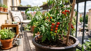 Healthy container tomato plant growing in direct sunlight