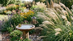Ornamental grasses swaying beside a bird feeder and birdbath in a sunny garden bed.