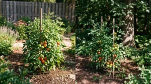 Tomato plants growing in direct sunlight and heavy shade