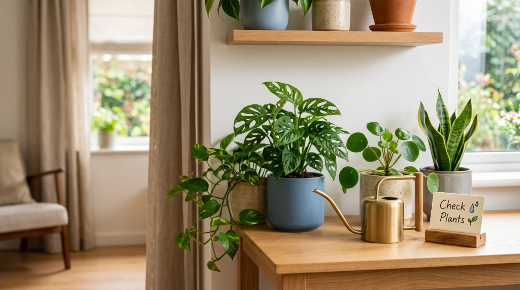 ADHD-friendly plant watering system with healthy potted plants and a watering can