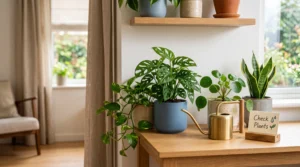 ADHD-friendly plant watering system with healthy potted plants and a watering can