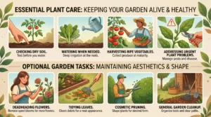 Infographic comparing essential plant care with optional garden maintenance tasks