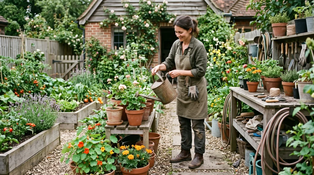 Adult gardener watering plants in a small, practical home garden