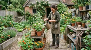 Adult gardener watering plants in a small, practical home garden