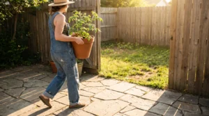 Container tomato plant growing in a sunny location