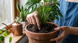 Finger checking soil moisture about two inches below the surface of a potted plant