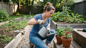 Gardener focusing on one small plant-care task while other garden jobs remain unfinished