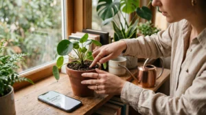 Phone reminder to check houseplants before deciding whether they need water