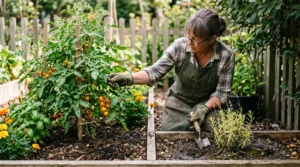 Gardener choosing plants based on sunlight and growing conditions