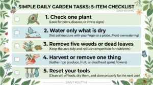 A five-minute garden checklist showing simple tasks for maintaining plants with ADHD-friendly habits