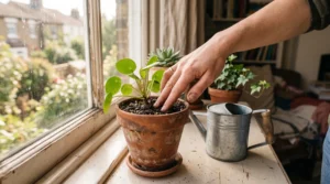 A hand testing soil moisture in a small terracotta pot on a windowsill next to a watering can.