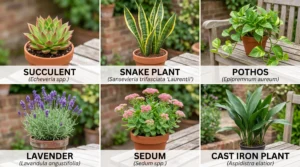 Six low-maintenance plants for forgetful gardeners including succulent, snake plant, pothos, lavender, sedum, and cast iron plant