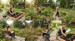 Garden abandonment cycle showing excitement, overwhelm, neglect, and restarting with a simpler approach