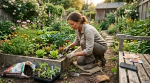 Gardener deeply focused on several gardening tasks in a home garden