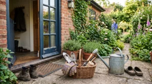 A small basket of garden tools kept near a back door for easy access and simple gardening routines