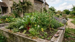 Slightly overgrown garden bed with healthy plants and visible weeds showing a realistic imperfect home garden