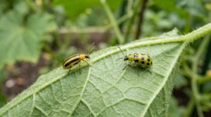 Striped cucumber beetle and spotted cucumber beetle on a cucumber leaf
