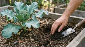 Gardener checking soil moisture with a trowel beside a broccoli plant