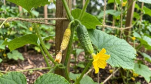 Healthy baby cucumber beside a shriveled baby cucumber on a cucumber vine