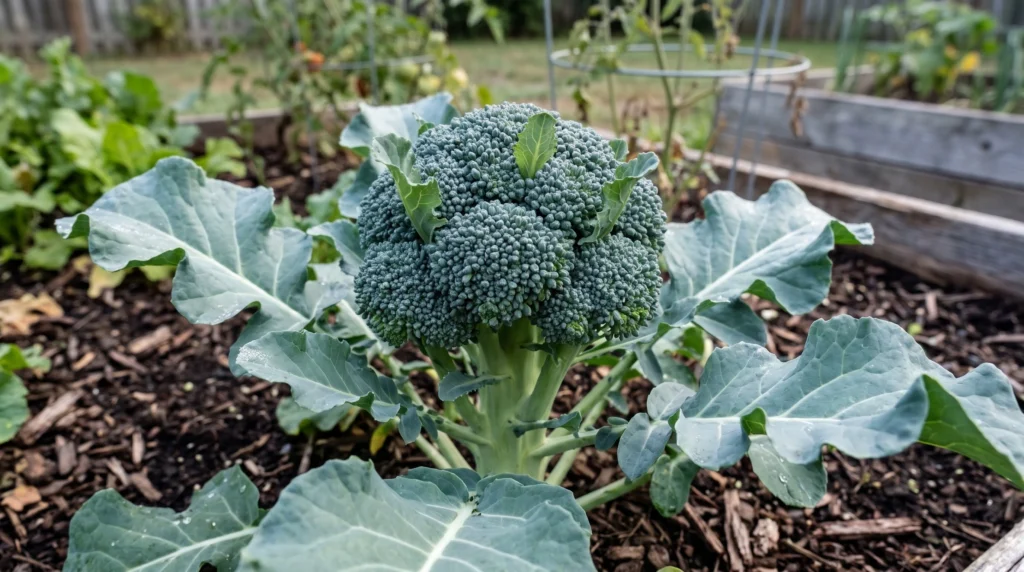 Small green leaves growing inside broccoli head between the florets