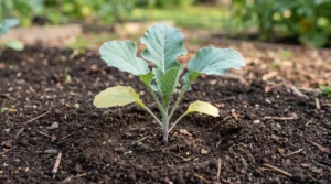 Young broccoli seedling with two yellow lower leaves and healthy green upper leaves