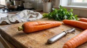 Fresh split carrot on a wooden cutting board beside vegetables ready for cooking