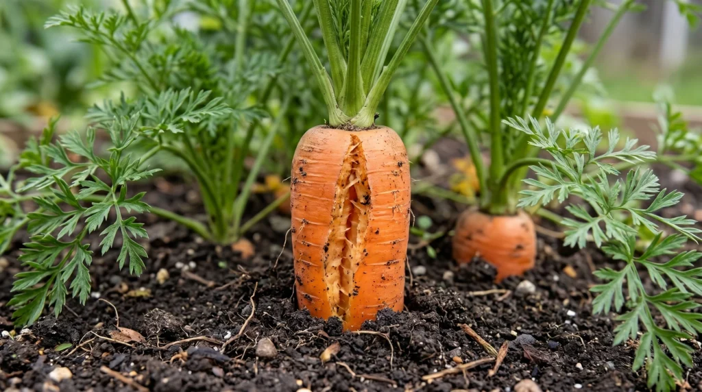 Carrot growing in garden soil with a visible lengthwise crack near its shoulder
