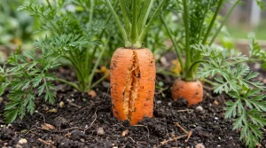 Carrot growing in garden soil with a visible lengthwise crack near its shoulder