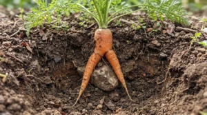 Carrot root forking around a stone in compacted garden soil