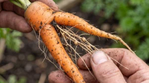 Forked carrot with fine roots and small root-knot nematode galls