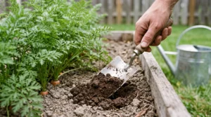 Gardener checking soil moisture beside growing carrots with a hand trowel