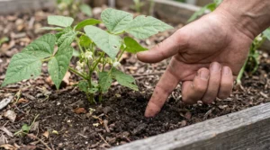 Gardener checking soil moisture with a finger beside a flowering green bean plant in a raised garden bed