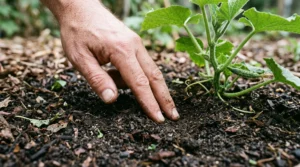 Gardener checking wet soil beside a drooping cucumber plant