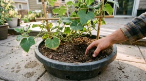 Checking soil moisture on a container cucumber with brown leaf edges