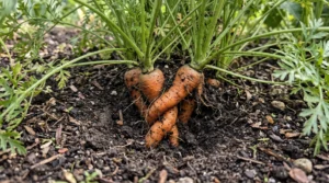 Crowded carrots twisting around each other in the soil