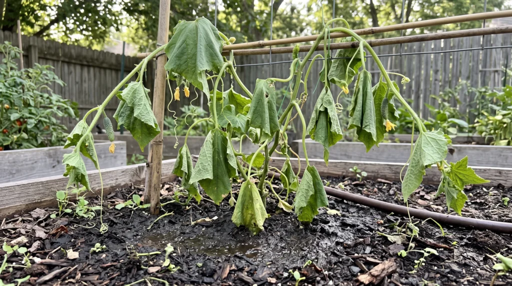 Cucumber plant drooping even though the soil around its roots is wet