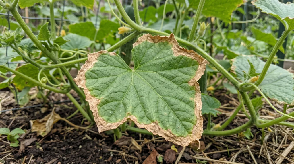 Cucumber leaf edges turning brown and crispy while the center remains green