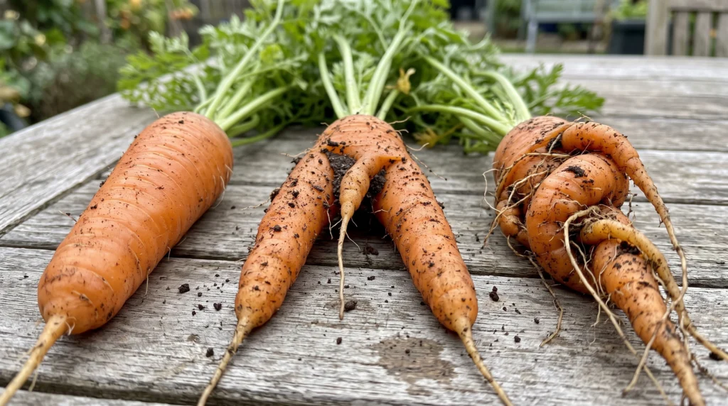 Three harvested carrots: one straight, one forked into three legs and one pair twisted together