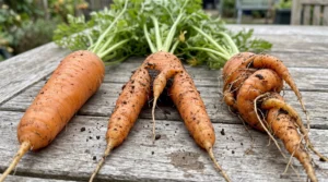 Three harvested carrots: one straight, one forked into three legs and one pair twisted together