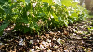 Fallen white and pale pink flowers on the soil beneath green bean plants, with small developing pods still attached