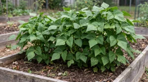 Bush green bean plants with dense green leaves and very few visible flowers or pods in a wooden raised garden bed