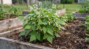 Bush green bean plant covered in small white flowers with no visible pods, growing in a backyard raised garden bed