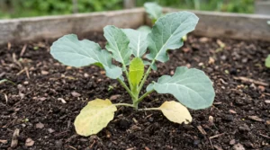 Young broccoli seedling with fresh green central leaves and older yellow lower leaves