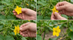 Four-step cucumber hand pollination showing pollen transferred from a male flower to a female flower